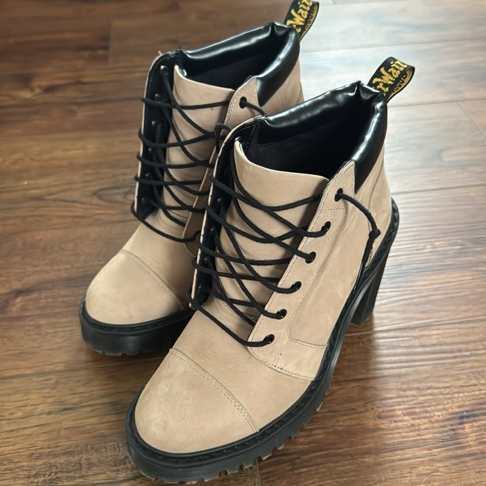 Dr. Martens heeled booties, tan and black, size 8